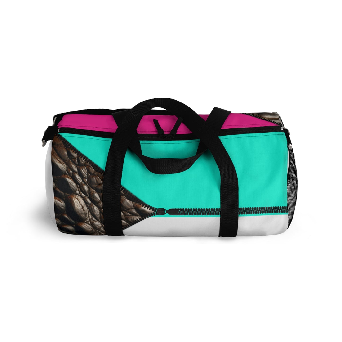 Luxe- Gym Bag: Stylish  and functional duffel for workout. Top view white bag with crocodile texture print over Auras Rose and Auras Turquoise.