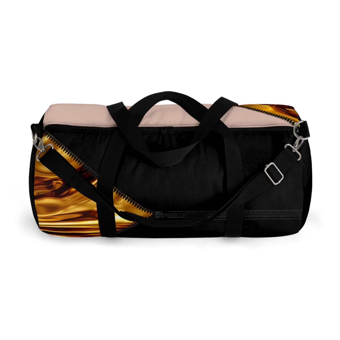 LUXE-Duffel: Top view of black bag with gold texture print over coral and black.