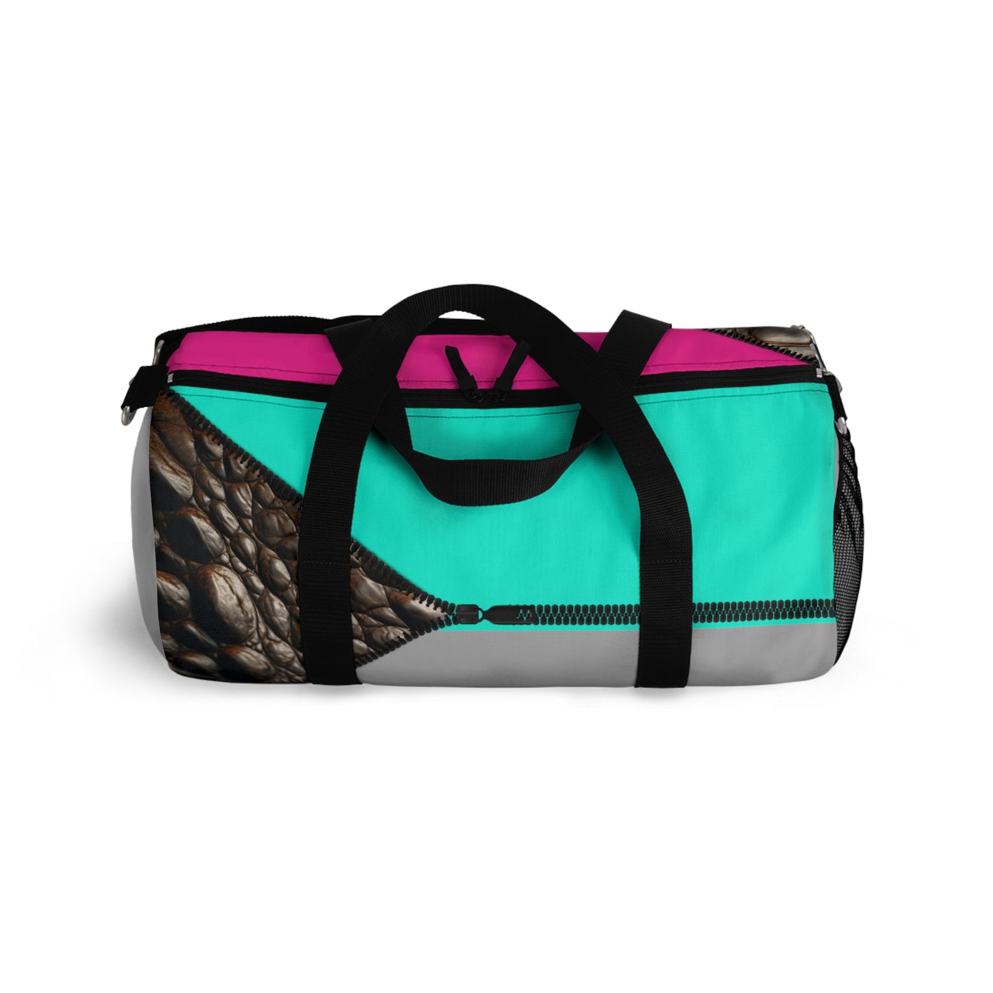 Luxe- Gym Bag: Stylish  and functional duffel for workout. Top view light grey bag with crocodile texture print over Auras Rose and Auras Turquoise.