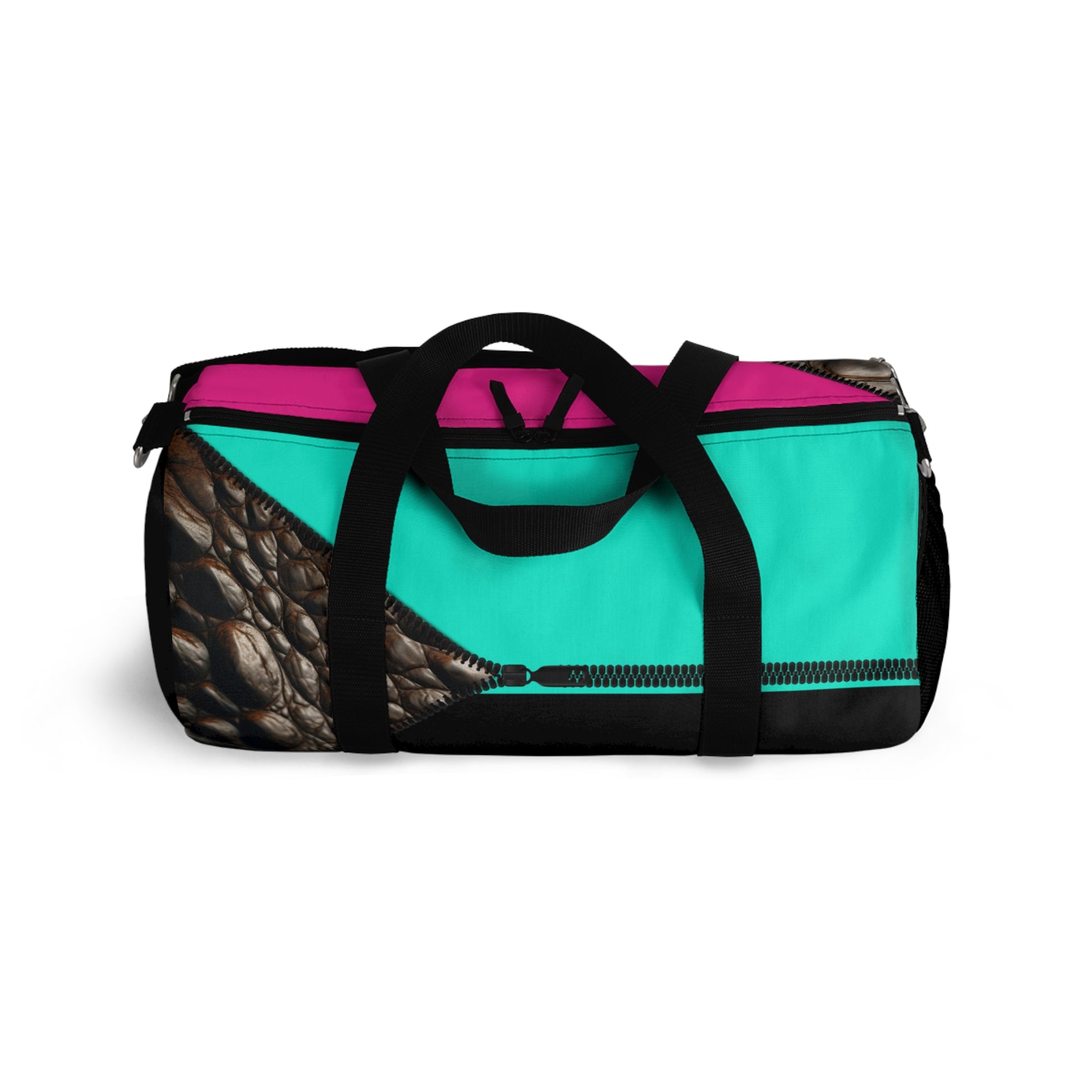 Luxe- Gym Bag: Stylish  and functional duffel for workout. Top view black bag with crocodile texture print over Auras Rose and Auras Turquoise..