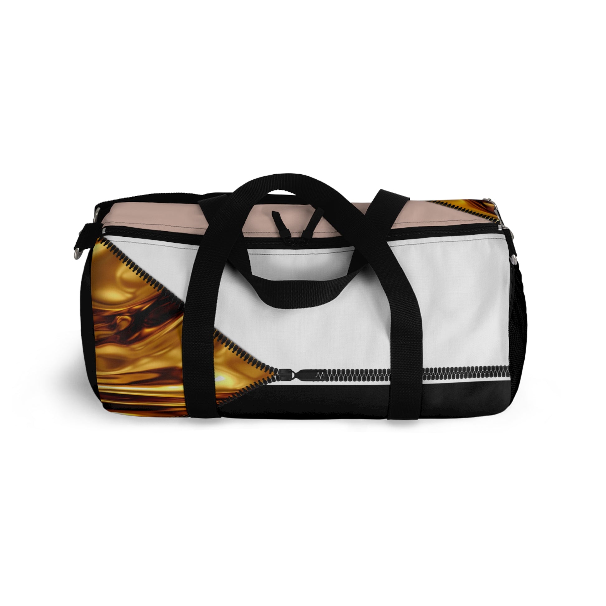 Luxe- Gym Bag: Stylish  and functional duffel for workout. Top view black bag with gold texture print over coral and white.