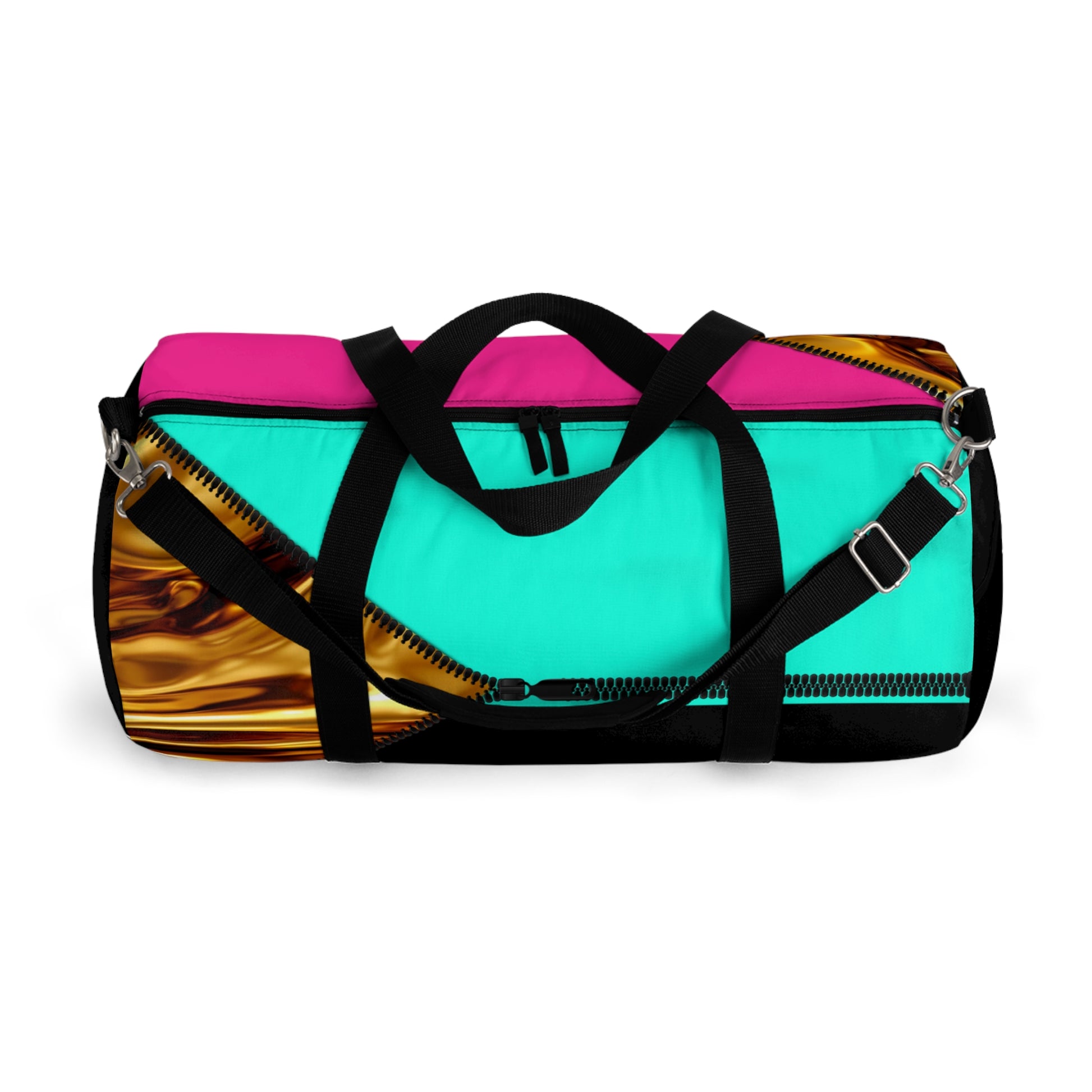 LUXE-Duffel: Top view of black bag with gold texture print over Auras Rose and Auras Turquoise.