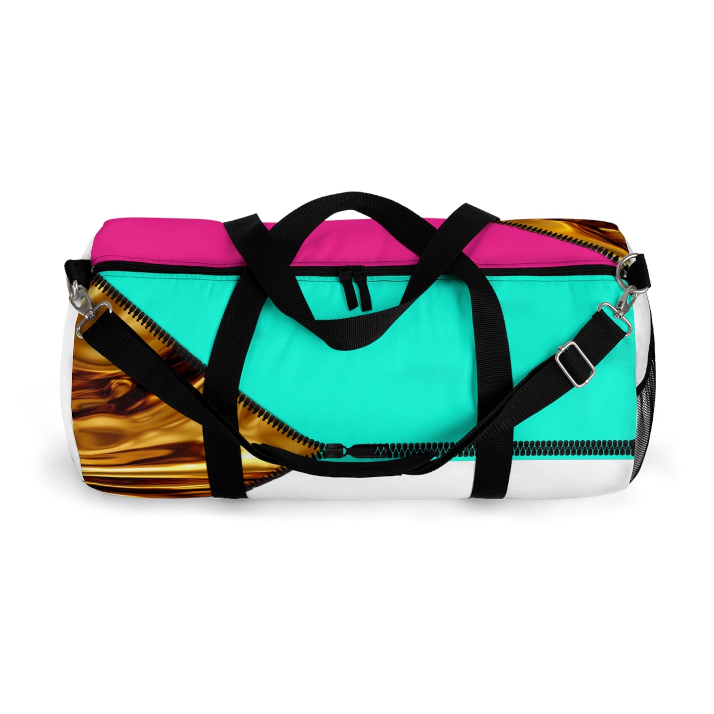 LUXE-Duffel: Top view of white bag with gold texture print over Auras Rose and Auras Turquoise.