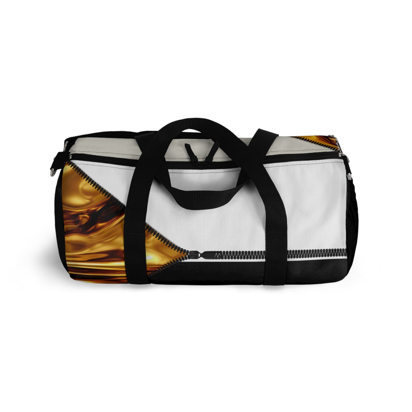 Luxe- Gym Bag: Stylish  and functional duffel for workout. Top view black bag with gold texture print over beige and white.