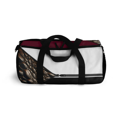 Luxe- Gym Bag: Stylish  and functional duffel for workout. Top view black bag with crocodile texture print over merlot and white.