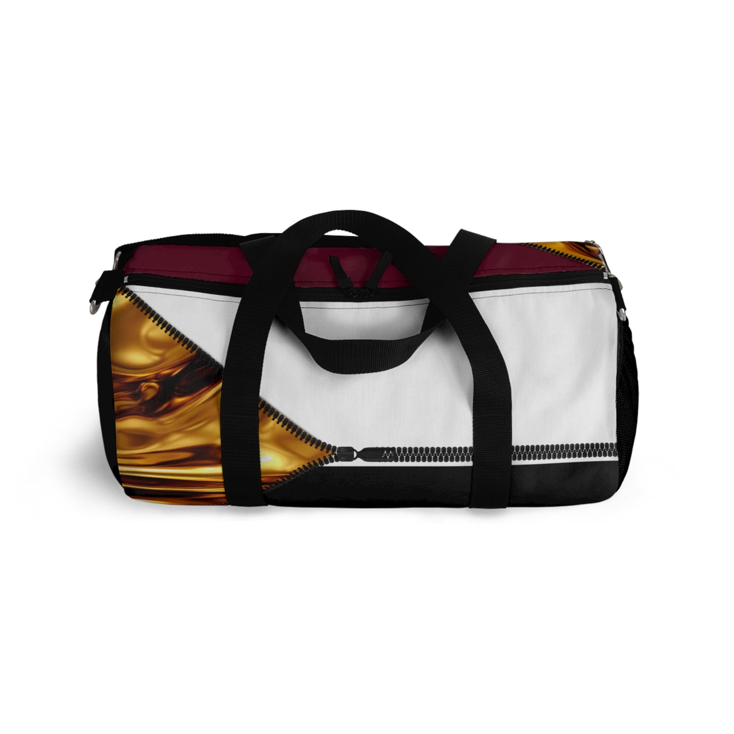 Luxe- Gym Bag: Stylish  and functional duffel for workout. Top view black bag with gold texture print over merlot and white.