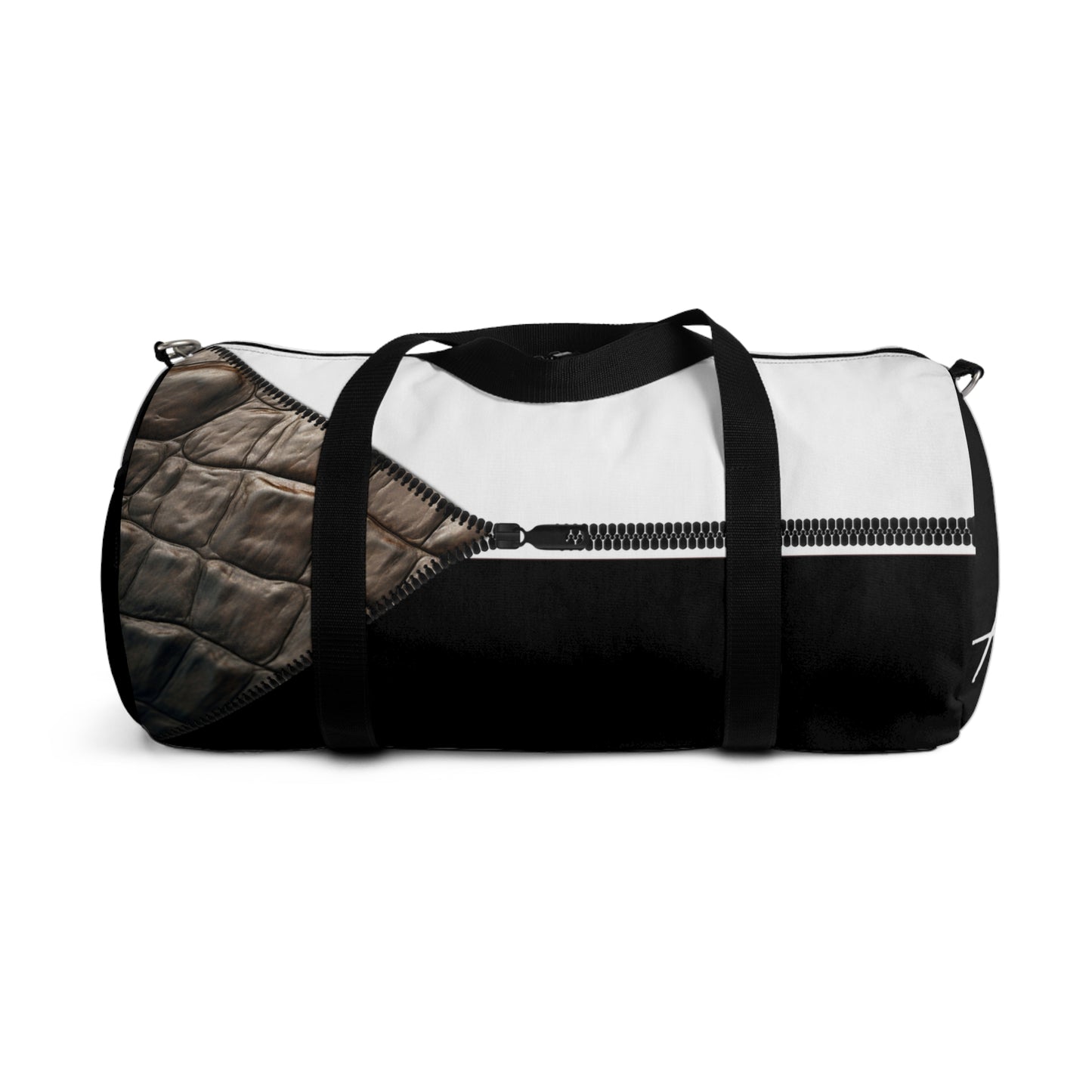 LUXE-Duffel: Back view of black bag with crocodile texture print over white and white.