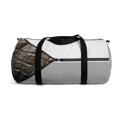 LUXE- Duffel: Back view of light grey bag with crocodile texture print over white and white.